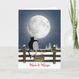Christmas Cats on Fence with Moon  Holiday Card