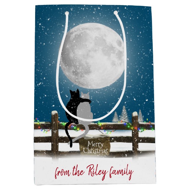 Christmas Cats On Fence with Moon Medium Gift Bag (Front)