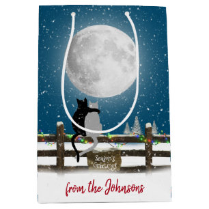 Christmas Cats On Fence with Moon  Medium Gift Bag