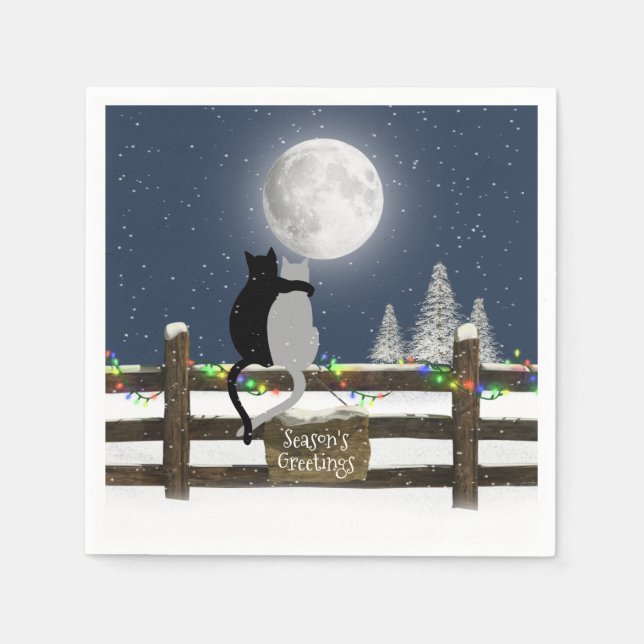 Christmas Cats on Fence with Moon Napkin (Front)