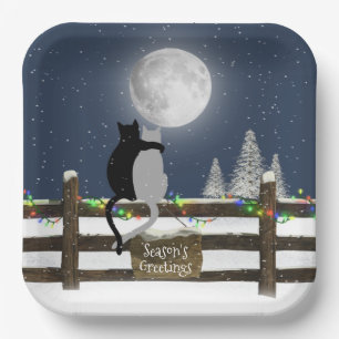 Christmas Cats on Fence with Moon Paper Plate