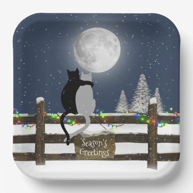 Christmas Cats on Fence with Moon Paper Plate (Front)