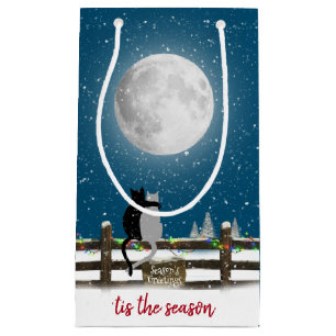 Christmas Cats On Fence with Moon   Small Gift Bag