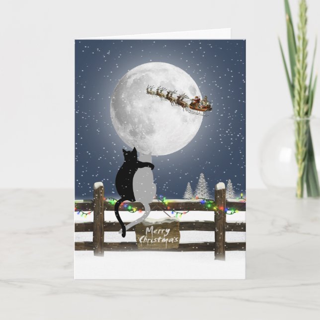 Christmas Cats on Fence with Santa Claus Holiday Card (Front)