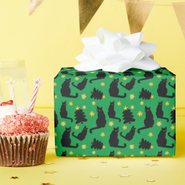 Christmas Cats Stars And Trees Wrapping Paper (Birthday Party)
