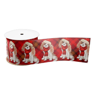 Christmas Cavalier King Charles Spaniel and Plaid Satin Ribbon