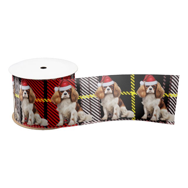 Christmas Cavalier Spaniel Red and Green Plaid Satin Ribbon (Spool)