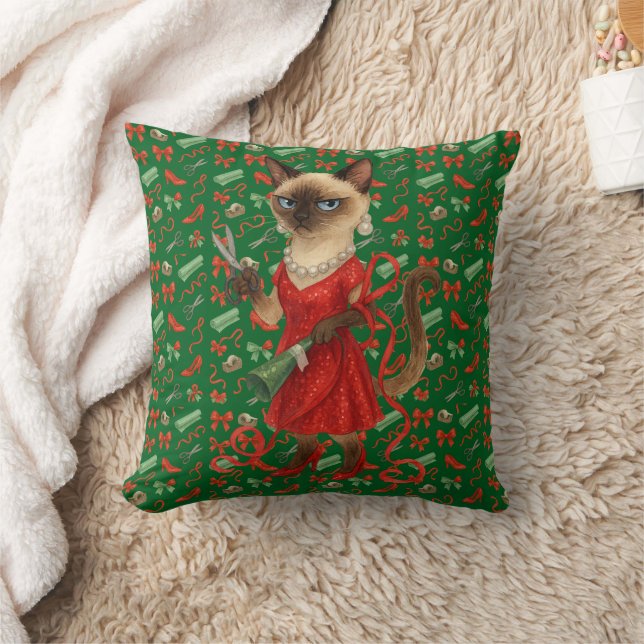 Christmas Celebrating with Siamese Cat  Cushion (Blanket)