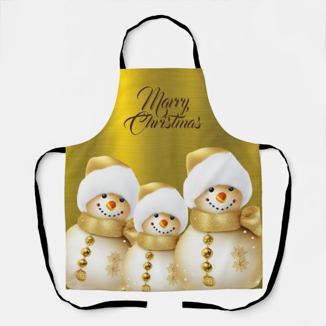 Christmas Celebration Gold Snowman Winter Holiday Apron (Front)