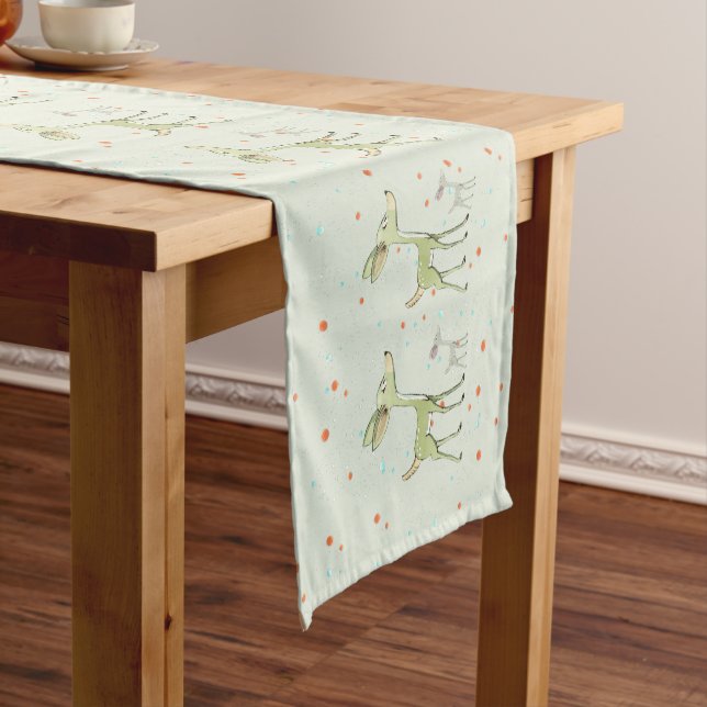 Christmas Celebration Green Deers Holidays Cute Short Table Runner (In Situ)