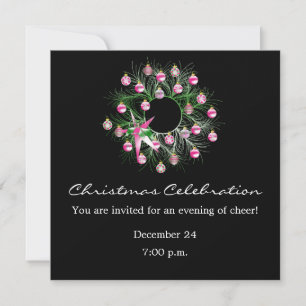 Christmas Celebration Pink Wreath (black) Invitation