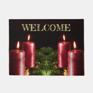 Christmas Celebration Red Candles Green Leaves Doormat