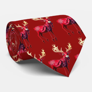 Christmas Celebration Red Reindeer White Snowflake Tie