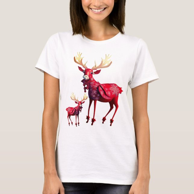 Christmas Celebration Red Reindeers Stylish T-Shirt (Front)