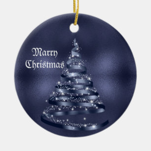 Christmas Celebration Shiny Blue Ribbon Tree Ceramic Ornament