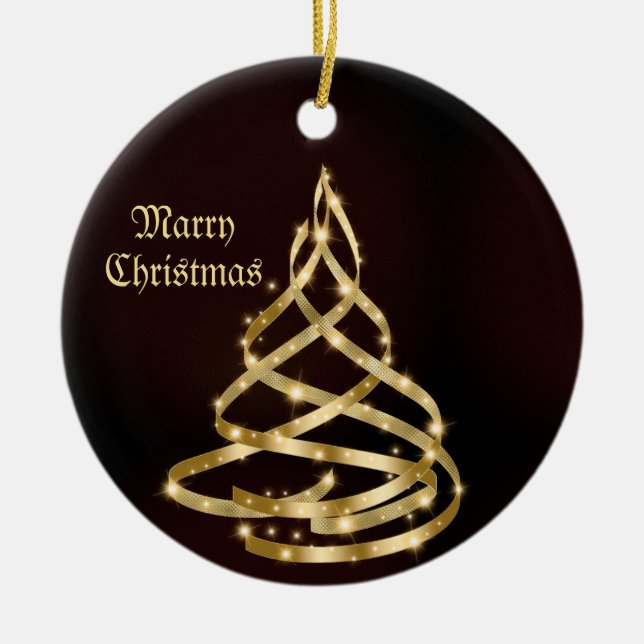 Christmas Celebration Shiny Golden Ribbon Tree Ceramic Ornament (Front)