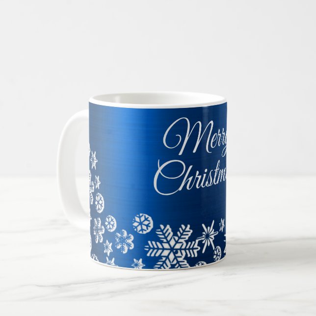 Christmas Celebration White Snowflakes Navy Blue Coffee Mug (Front Left)