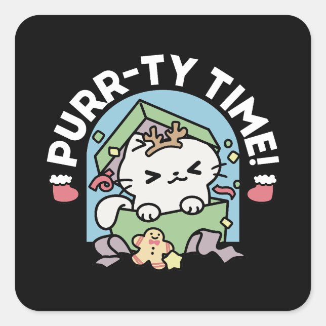 Christmas Celebration with Purr-ty Time Cat Square Sticker (Front)