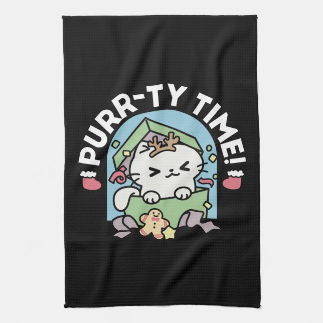 Christmas Celebration with Purr-ty Time Cat Tea Towel (Vertical)