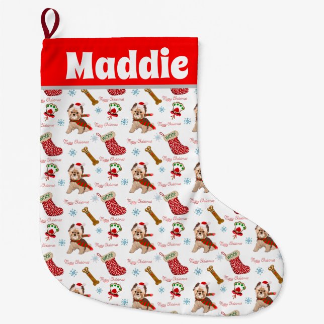 Christmas Celebration With Yorkie Pattern Name Large Christmas Stocking (Front)