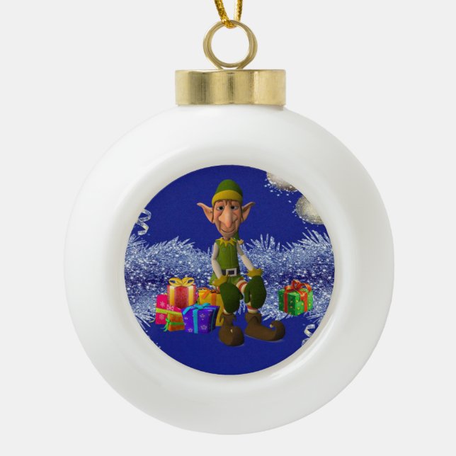 Christmas Ceramic Ball Ornament, Elf Ornament (Front)