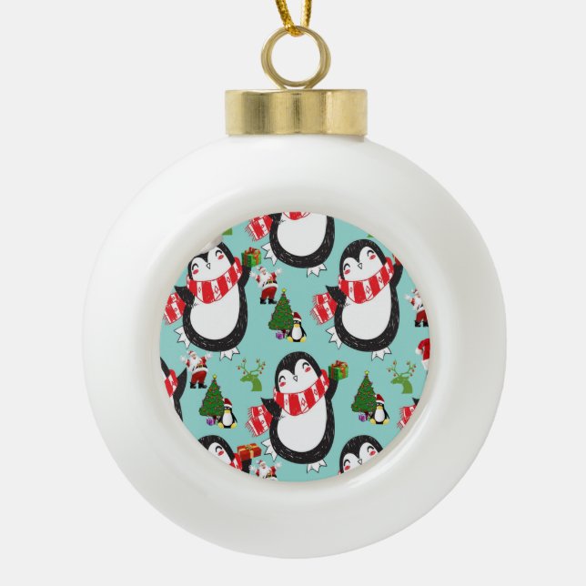 Christmas Ceramic Ball Ornament, Penguin Ceramic Ball Christmas Ornament (Front)