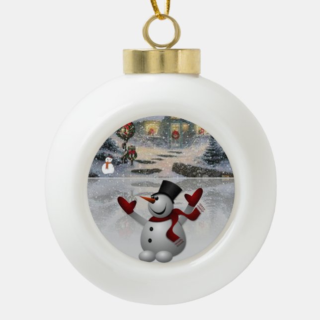 Christmas Ceramic Ball Ornament, Snowman Ceramic Ball Christmas Ornament (Front)