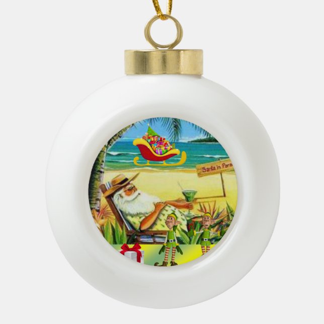 Christmas Ceramic Ball Ornament, Summer Santa Ornament (Front)