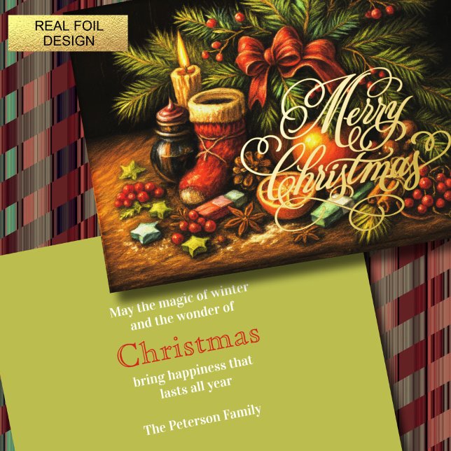 Christmas Chalk Drawing Still Life Foil Holiday Card (Creator Uploaded)