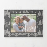 Christmas Chalkboard Handdrawn Pine Trees Photo Tri-Fold Holiday Card<br><div class="desc">Create a beautiful Christmas gift for everyone you love. Personalise the message and add your own photos, icons, or text to share with friends and family. This artist-designed Xmas pattern is perfect to use for a Christmas at home, but can also be used for a holiday party. This chalkboard Christmas...</div>