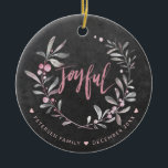 Christmas Chalkboard Mistletoe Blush Joyful Photo Ceramic Ornament<br><div class="desc">Modern elegant Christmas ceramic ornament featuring a sage green watercolor hand painted mistletoe with foliage and blush berries and Joyful hand lettering script on a dark grey charcoal chalkboard background.            Personalise it with your text on front side and your photo on reverse!</div>