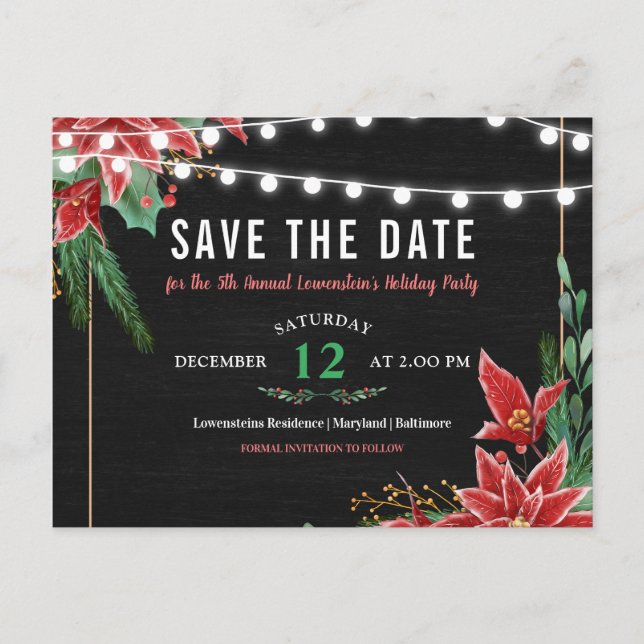 Christmas Chalkboard Save The Date Poinsettia Announcement Postcard (Front)