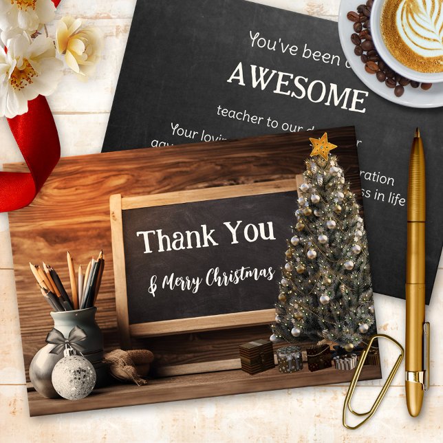 Christmas Chalkboard Teacher Appreciation Thank You Card (Christmas Thank You card for a teacher, featuring a chalkboard with Christmas tree)