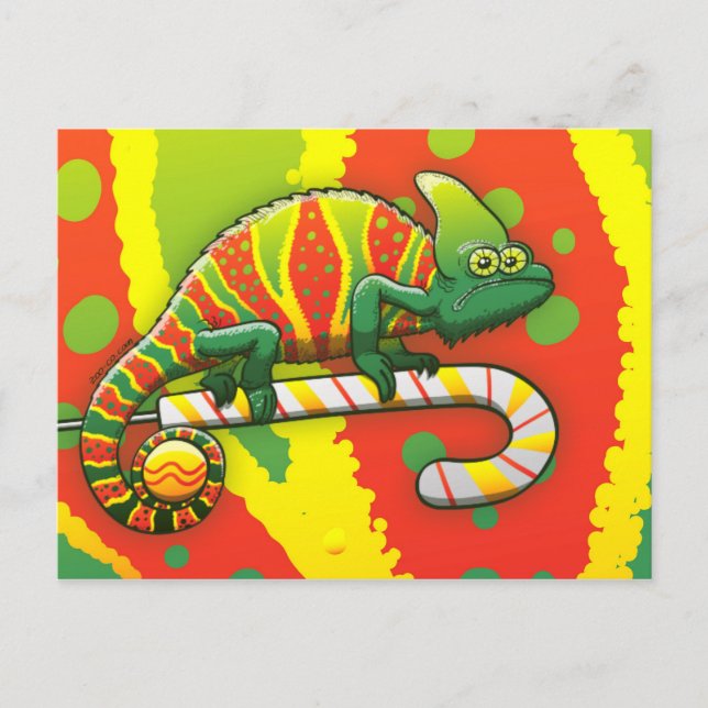 Christmas Chameleon Walking on a Candy Cane Holiday Postcard (Front)