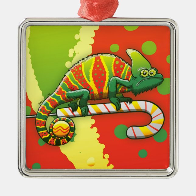Christmas Chameleon Walking on a Candy Cane Metal Ornament (Front)