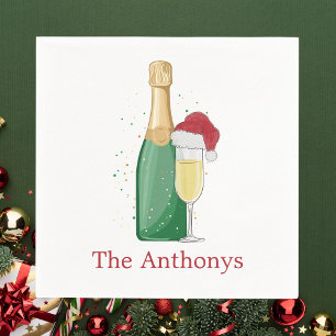 Christmas Champagne Bottle & Santa Hat Flute Name Napkin