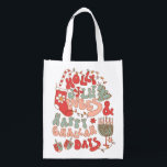 Christmas Chanukah hanukkah Groovy Vibes Reusable Grocery Bag<br><div class="desc">It's a holiday mash up with this cute Holly Jolly Vibes & Happy Challah Days funny reusable gift bag. Funky colours of reds, pinks and greens with Christmas and Chanukah or Hanukkah icons, menorah, dreidel, christmas tree, stocking, lights, jewish star of David, and candy cane. Great gift bag for tenants,...</div>