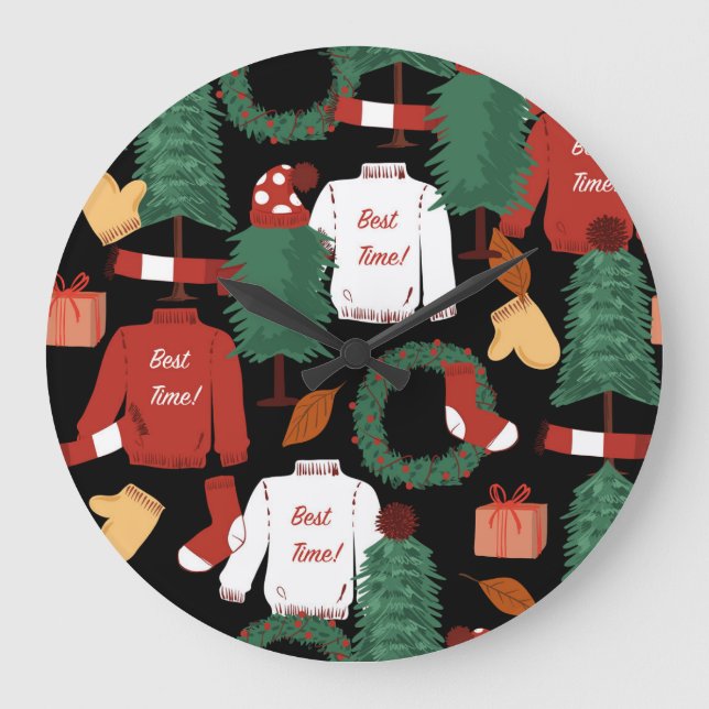 Christmas Charm: Festive Pattern Play. Large Clock (Front)
