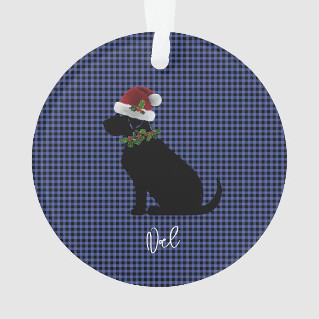 Christmas Check Blue Black Lab Pattern Name Fun Ornament (Back)