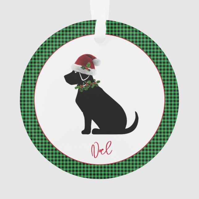 Christmas Check Green Black Lab Silhouette Name Ornament (Back)