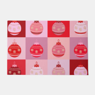 Christmas Check - Pink And Red Chequered Ornaments Doormat