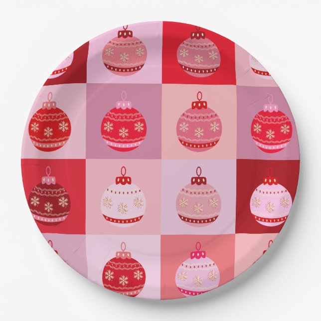 Christmas Check - Pink And Red Chequered Ornaments Paper Plate (Front)