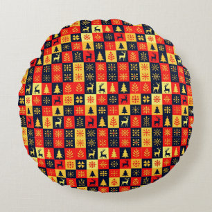 Christmas Checkerboard Pattern – Red & Yellow Tree Round Cushion