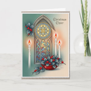 Christmas Cheer Christian Church Window Vintage  Card