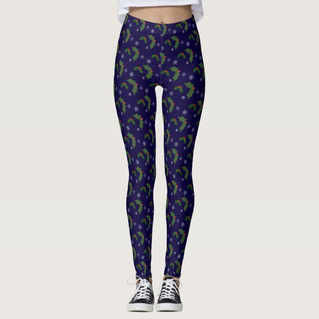 Christmas Cheer Holly Berries Pattern Leggings (Front)