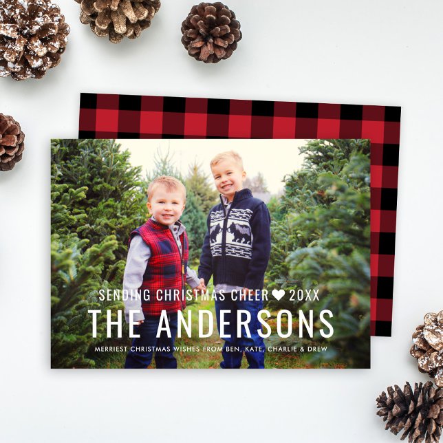Christmas Cheer Red Buffalo Plaid Family Photo Holiday Card (Creator Uploaded)