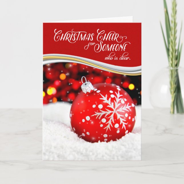 Christmas Cheer Red Snowflake Ornament Holiday Card (Front)