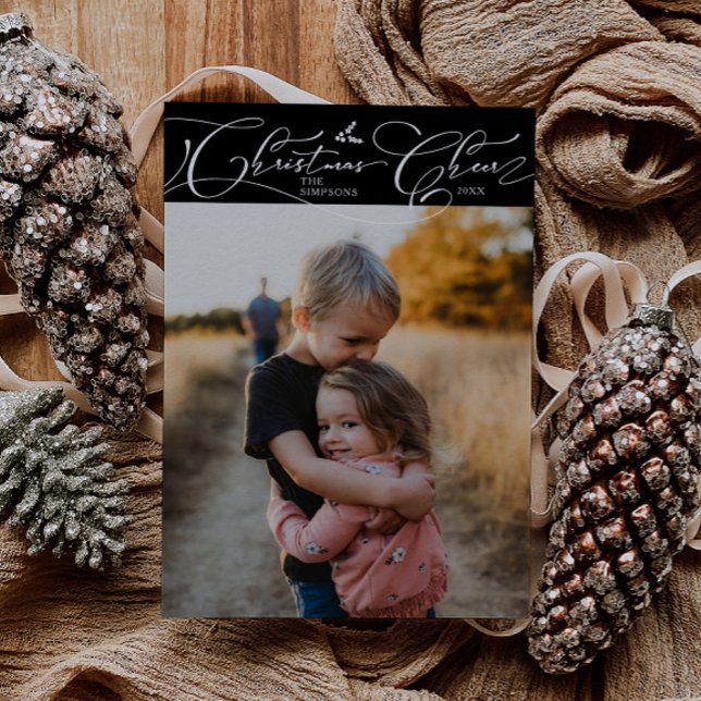 Christmas Cheer Script Black Christmas Photo Holiday Card (Creator Uploaded)