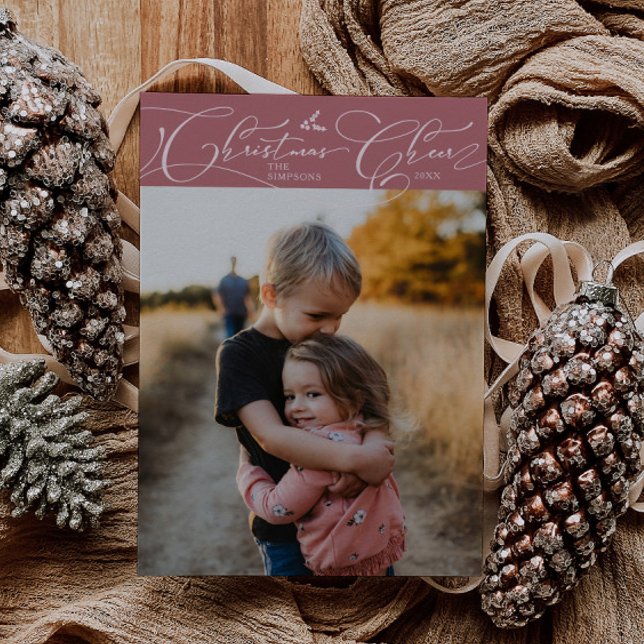 Christmas Cheer Script Pink Christmas Photo Holiday Card (Creator Uploaded)