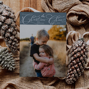 Christmas Cheer Script Slate Blue Christmas Photo Holiday Card